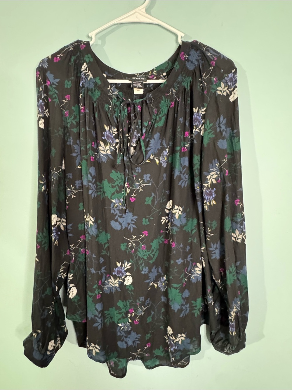 torrid Black Floral Tie-Neck Tunic with Green & Blue Blooms
